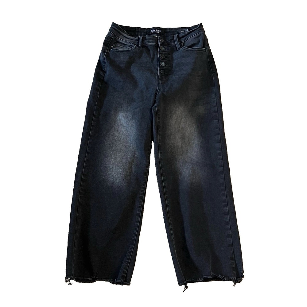 Judy Blue Wide Crop Jeans Women's 7/28 Black High Rise Raw Hem Wide Leg Denim